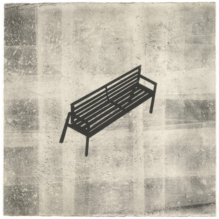 black and white risograph print of bench, by artist tom matthews