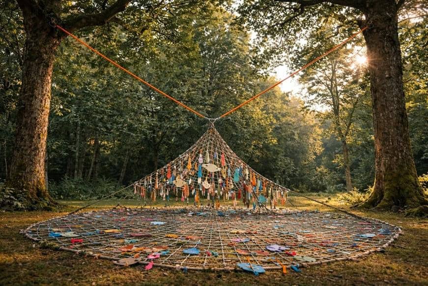 large net with pieces of cloth attached to it hangs between two trees, by artists Neil Butler, Maria McCavana and Jack Butler