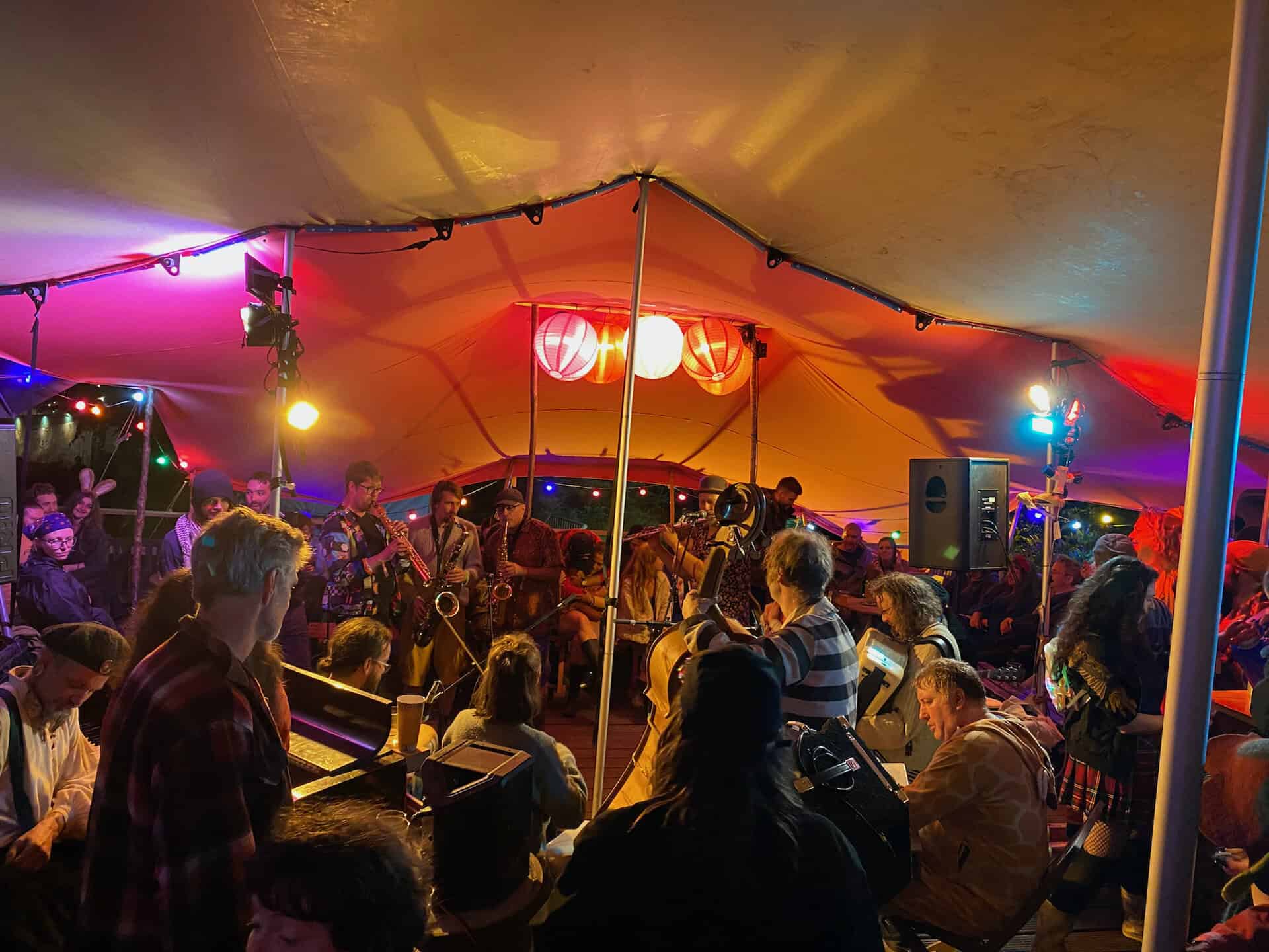 audience dances inside blundabus at kelburn garden party