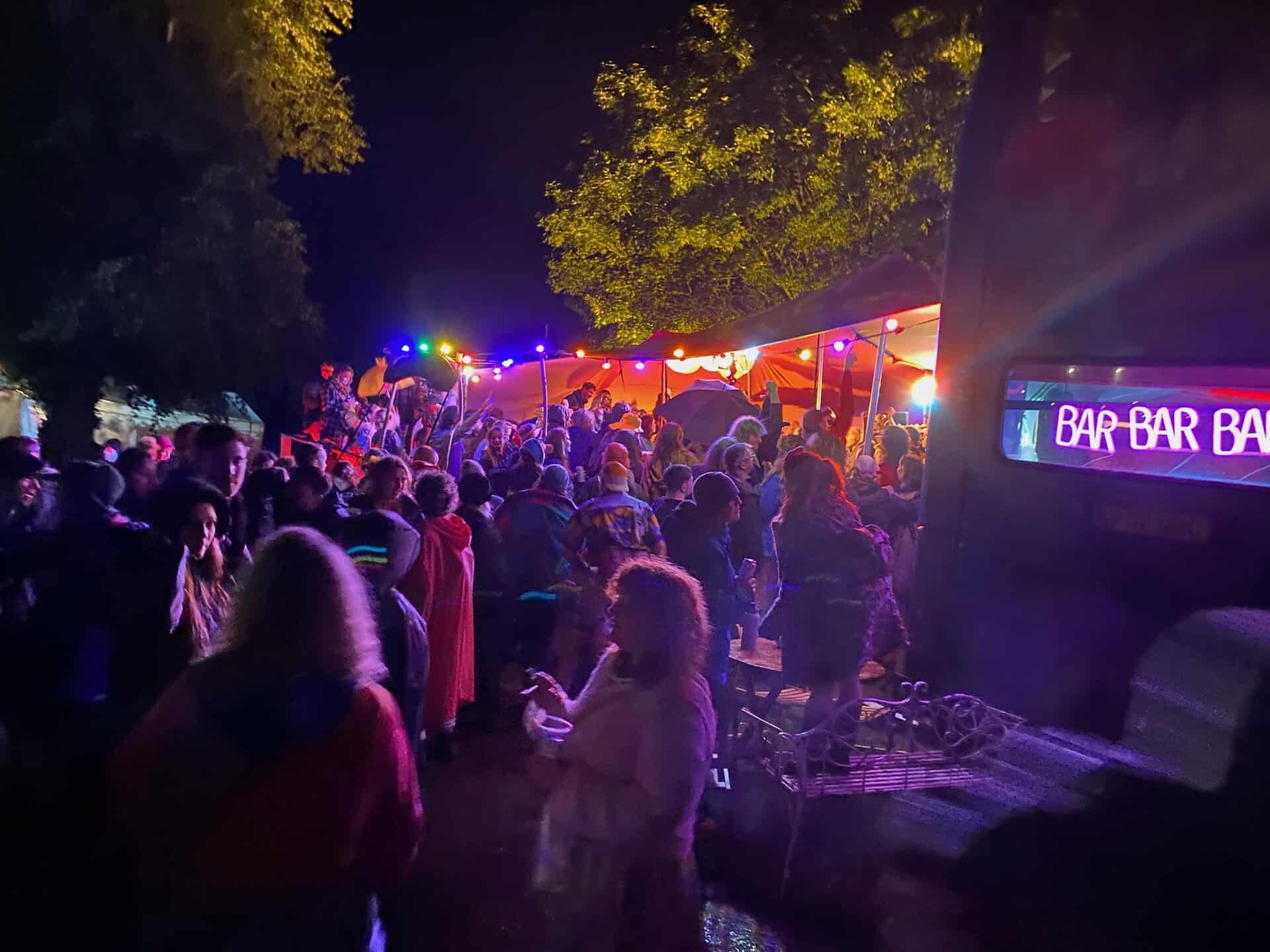outside view of blundabus at night, kelburn garden party